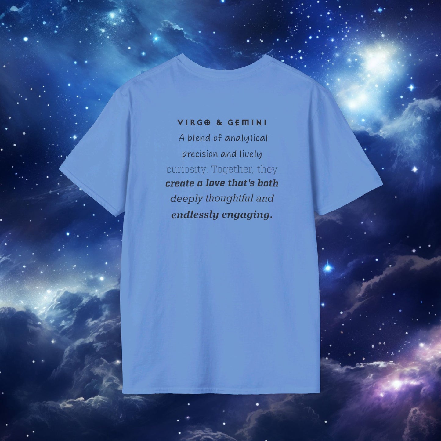 Astrology Zodiac Unisex Softstyle T-Shirt with Virgo and Gemini Symbols and Love Description