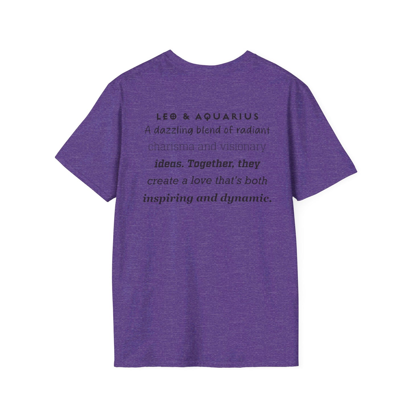 Astrology Zodiac Unisex Softstyle T-Shirt with Leo and Aquarius Symbols and Love Description