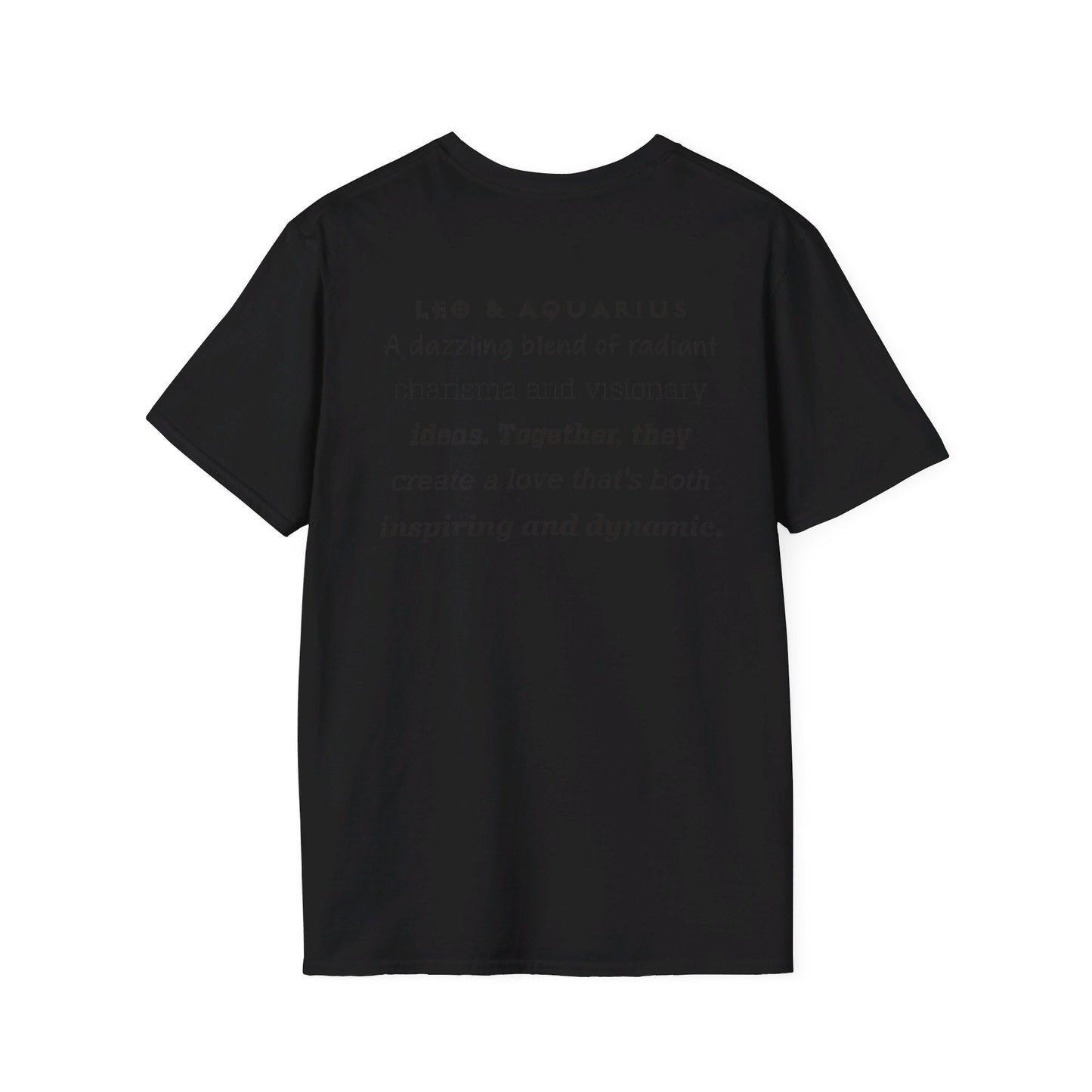 Astrology Zodiac Unisex Softstyle T-Shirt with Leo and Aquarius Symbols and Love Description