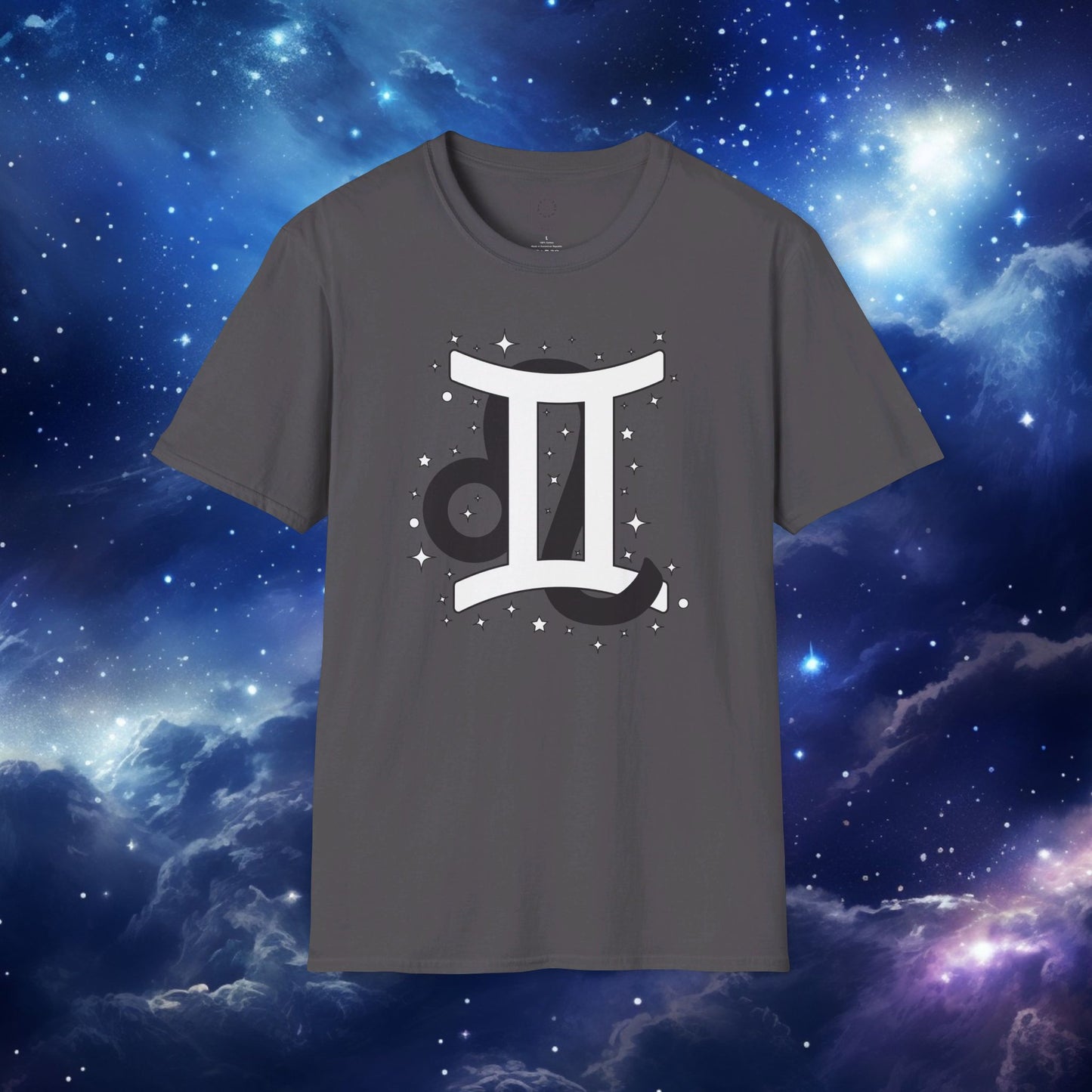 Astrology Zodiac Unisex Softstyle T-Shirt with Leo and Gemini Symbols and Love Description