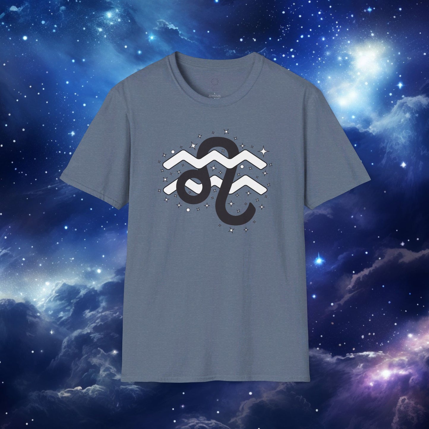 Astrology Zodiac Unisex Softstyle T-Shirt with Leo and Aquarius Symbols and Love Description