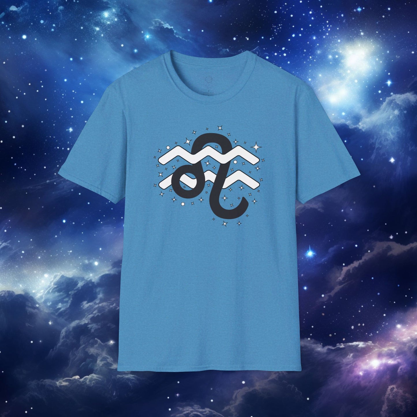 Astrology Zodiac Unisex Softstyle T-Shirt with Leo and Aquarius Symbols and Love Description
