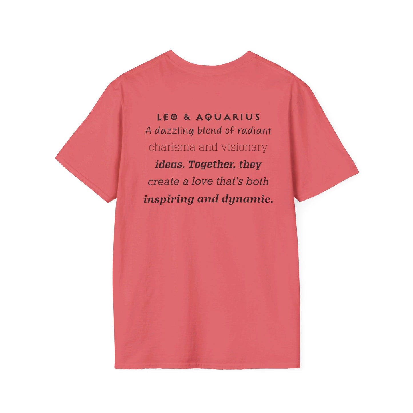 Astrology Zodiac Unisex Softstyle T-Shirt with Leo and Aquarius Symbols and Love Description