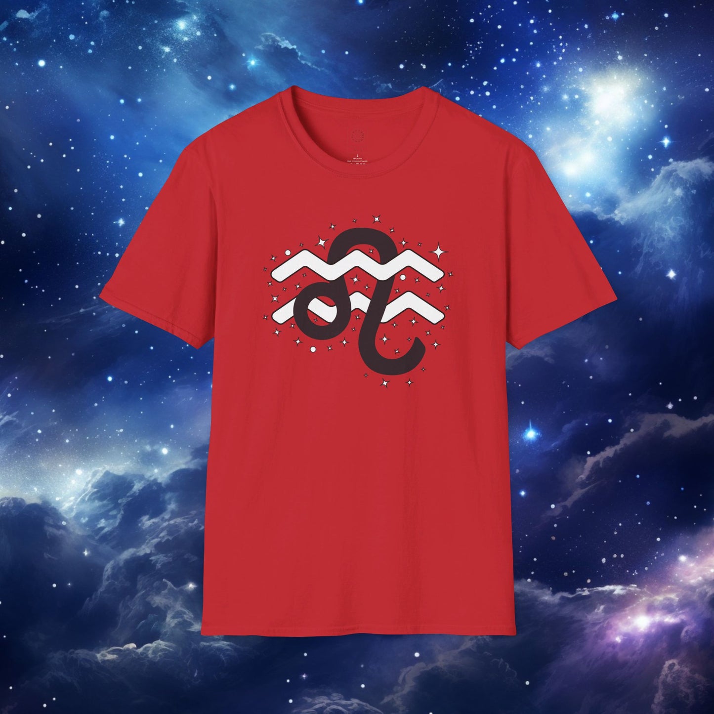 Astrology Zodiac Unisex Softstyle T-Shirt with Leo and Aquarius Symbols and Love Description