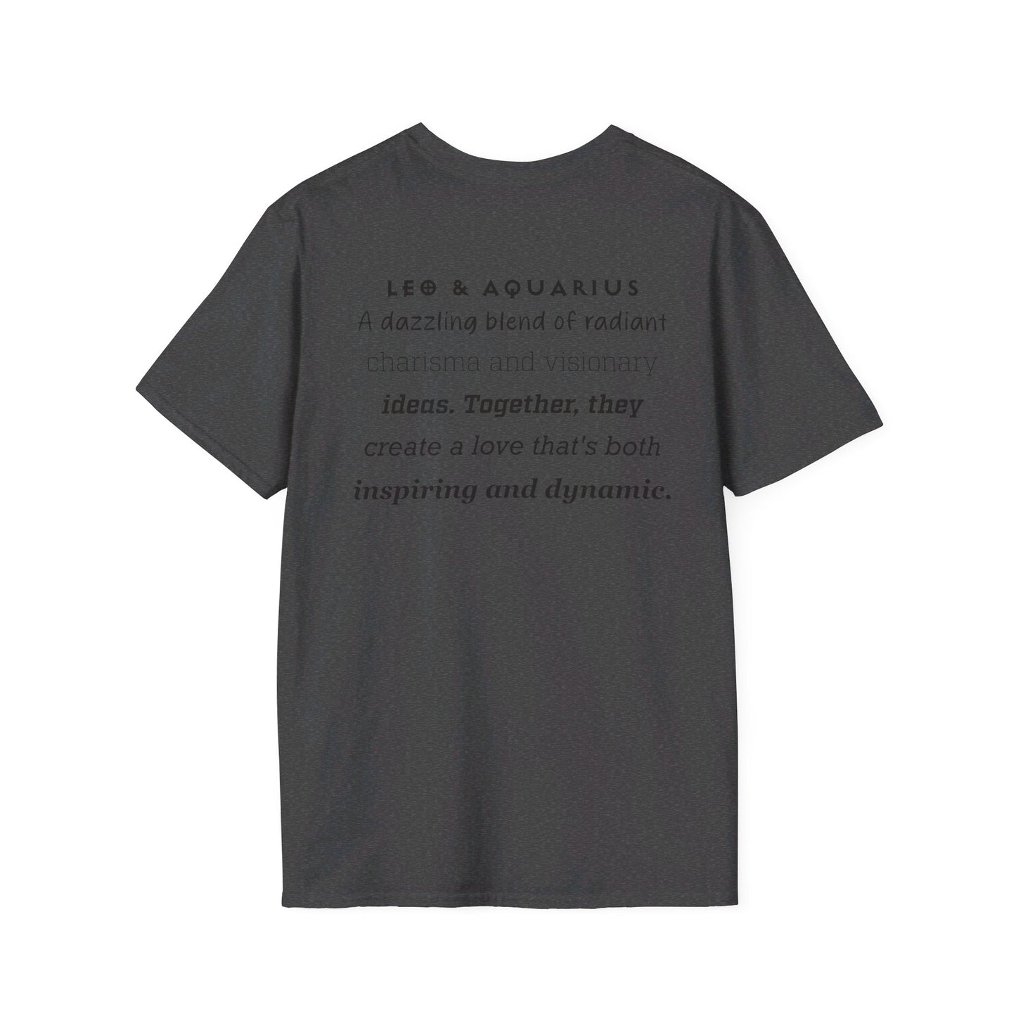 Astrology Zodiac Unisex Softstyle T-Shirt with Leo and Aquarius Symbols and Love Description