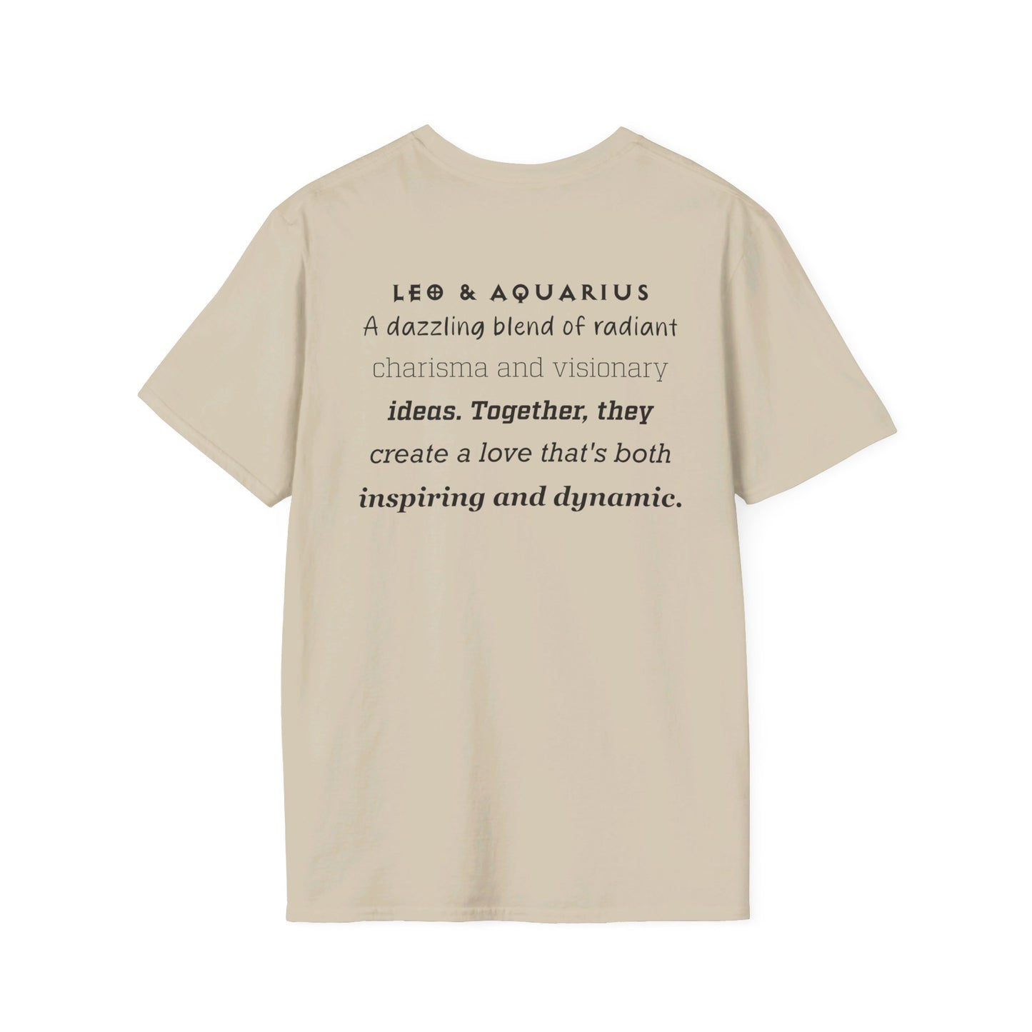 Astrology Zodiac Unisex Softstyle T-Shirt with Leo and Aquarius Symbols and Love Description
