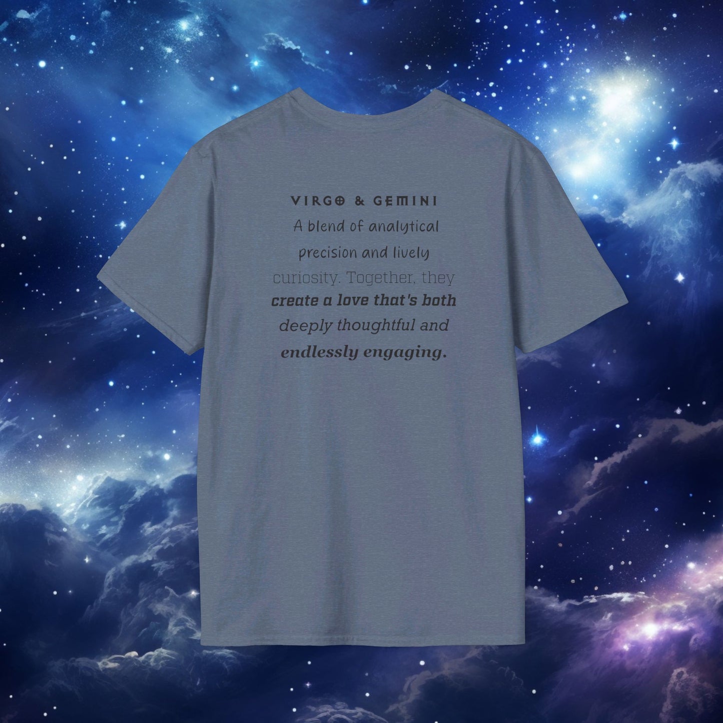 Astrology Zodiac Unisex Softstyle T-Shirt with Virgo and Gemini Symbols and Love Description