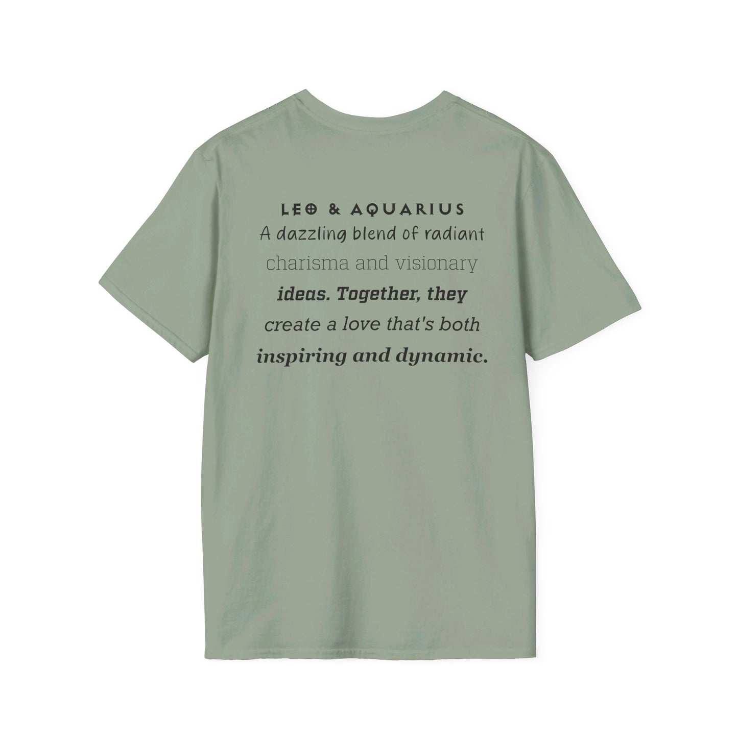 Astrology Zodiac Unisex Softstyle T-Shirt with Leo and Aquarius Symbols and Love Description