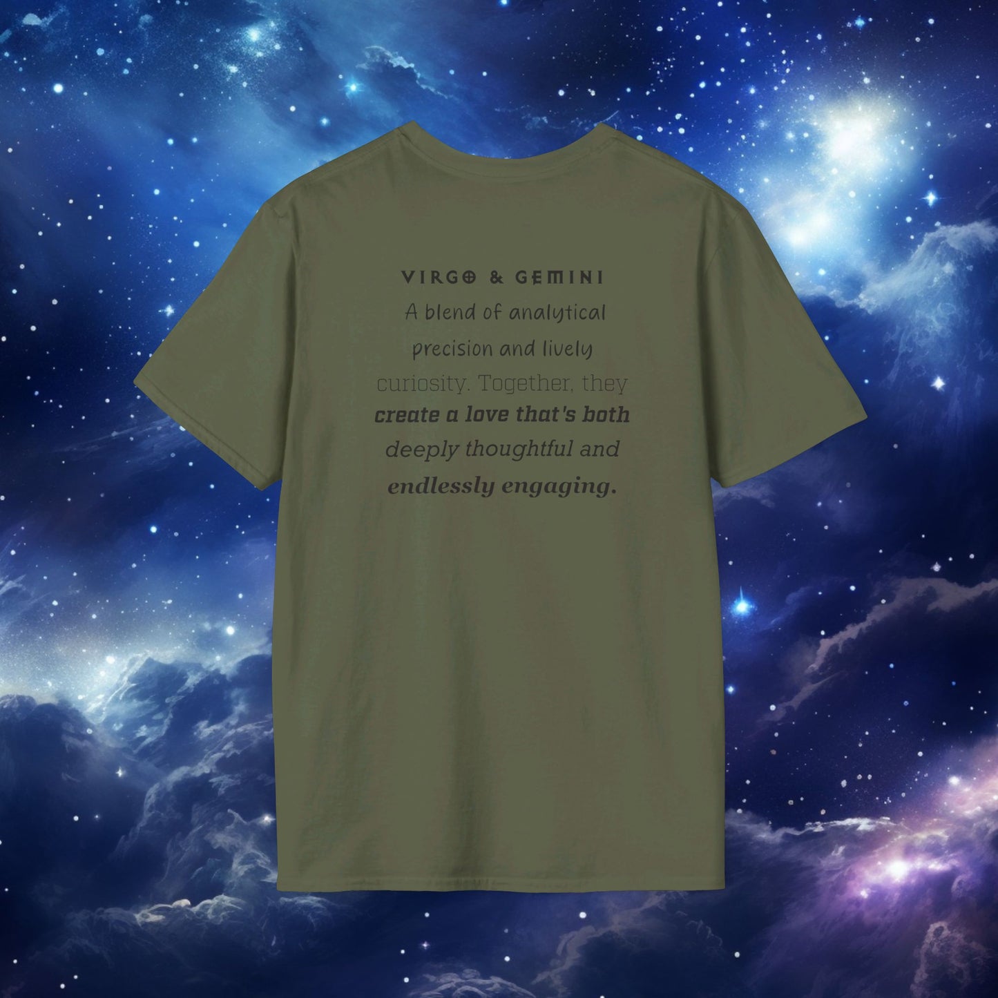 Astrology Zodiac Unisex Softstyle T-Shirt with Virgo and Gemini Symbols and Love Description