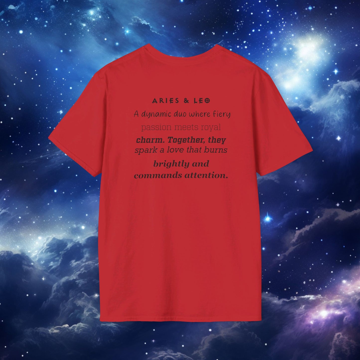 Astrology Zodiac Unisex Softstyle T-Shirt with Aries and Leo Symbols and Love Description