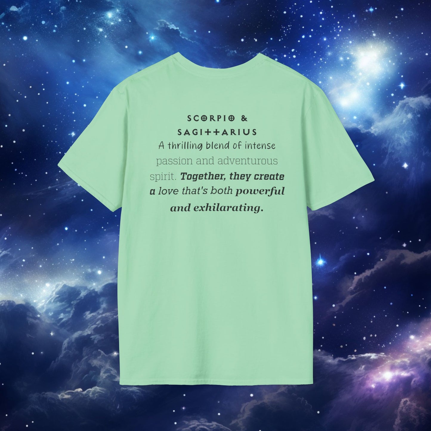 Astrology Zodiac Unisex Softstyle T-Shirt Scorpio and Sagittarius with Love Description
