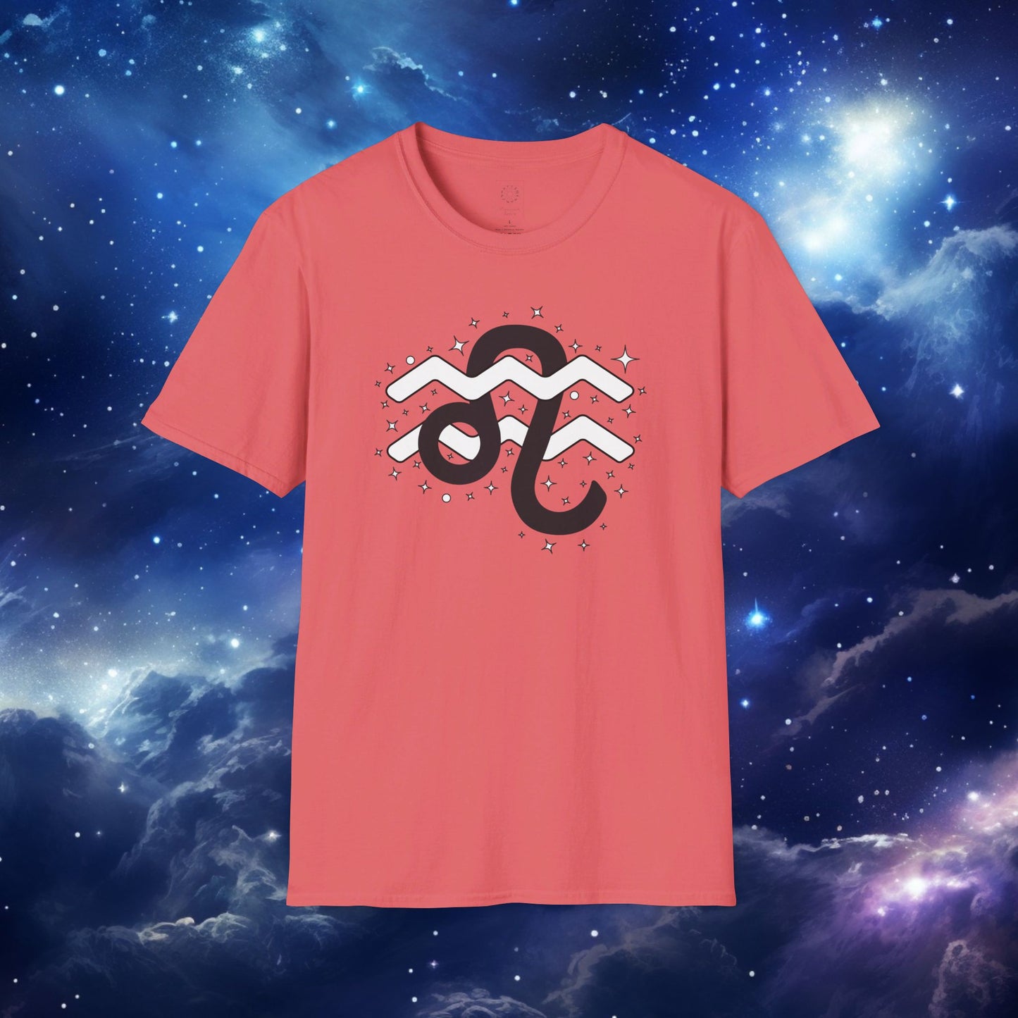 Astrology Zodiac Unisex Softstyle T-Shirt with Leo and Aquarius Symbols and Love Description