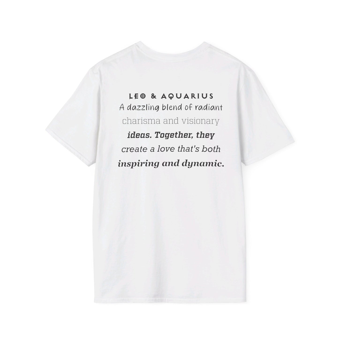 Astrology Zodiac Unisex Softstyle T-Shirt with Leo and Aquarius Symbols and Love Description