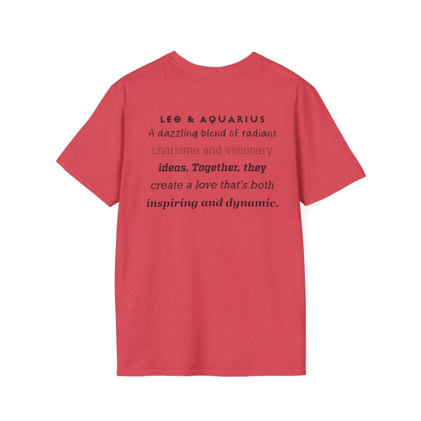 Astrology Zodiac Unisex Softstyle T-Shirt with Leo and Aquarius Symbols and Love Description