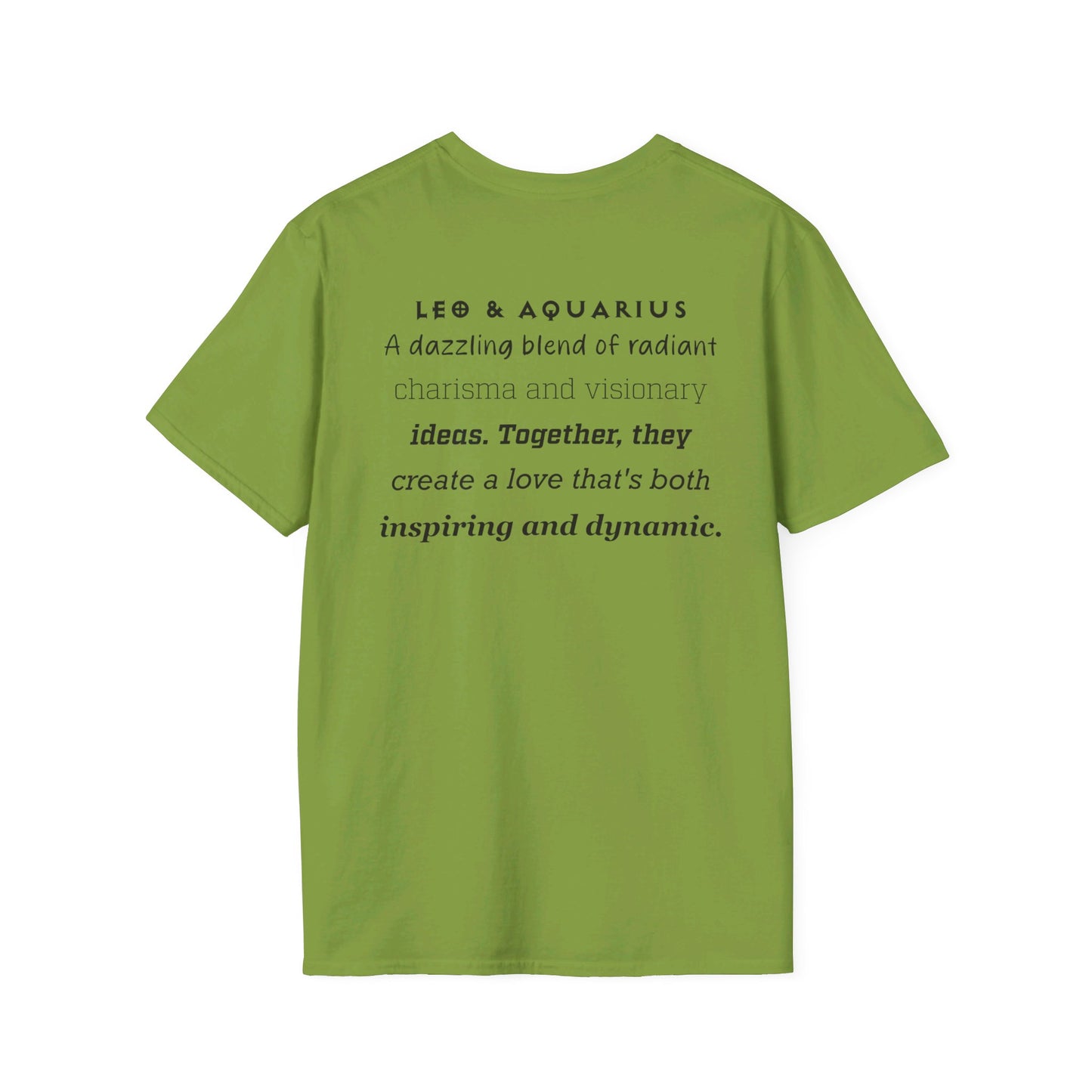 Astrology Zodiac Unisex Softstyle T-Shirt with Leo and Aquarius Symbols and Love Description