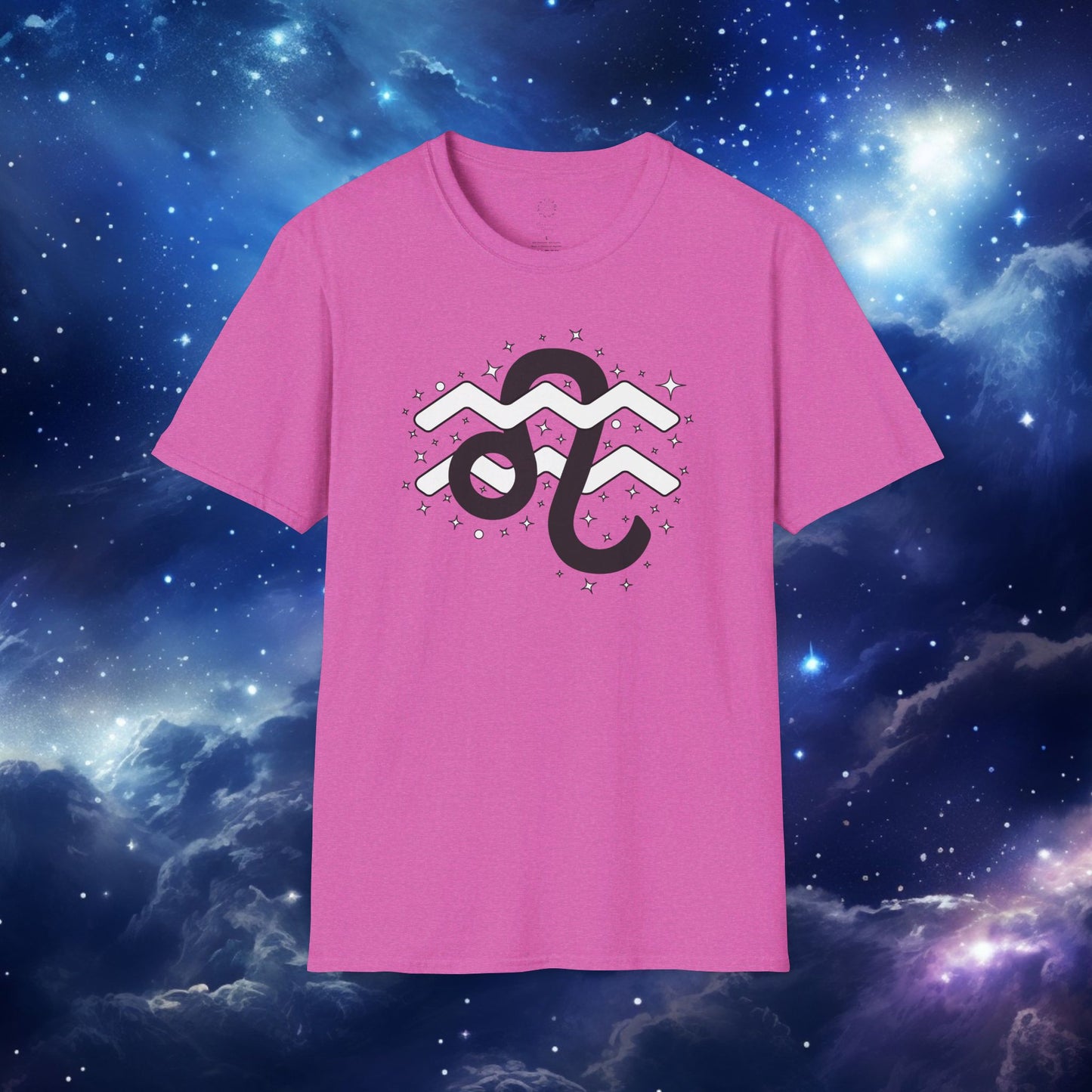 Astrology Zodiac Unisex Softstyle T-Shirt with Leo and Aquarius Symbols and Love Description