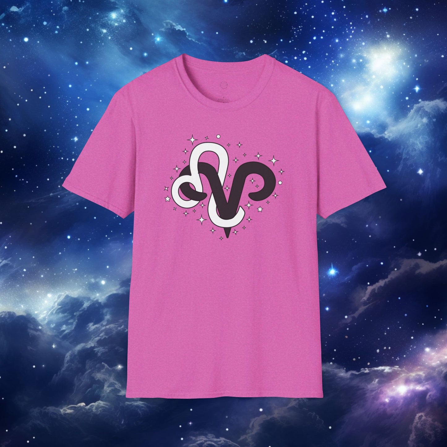 Astrology Zodiac Unisex Softstyle T-Shirt with Aries and Leo Symbols and Love Description