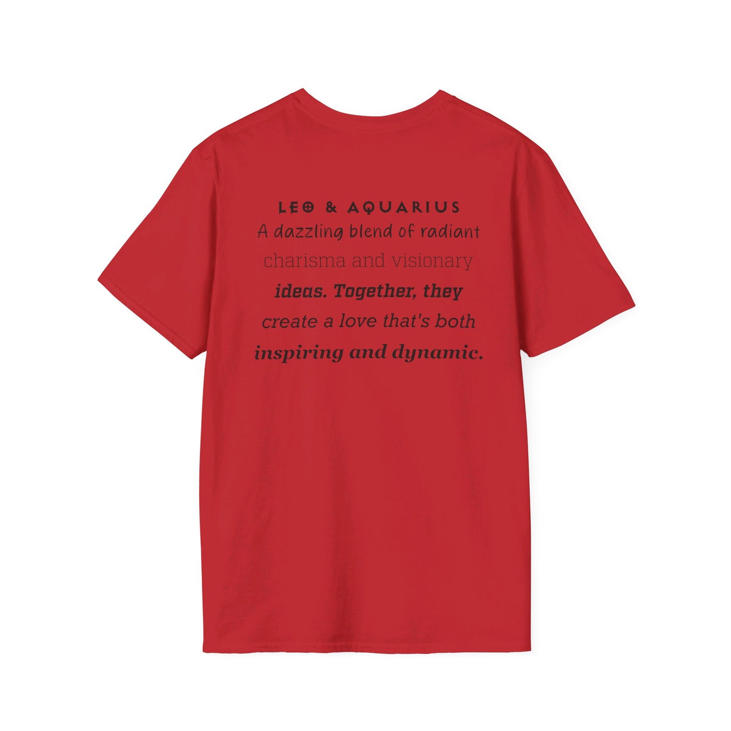 Astrology Zodiac Unisex Softstyle T-Shirt with Leo and Aquarius Symbols and Love Description