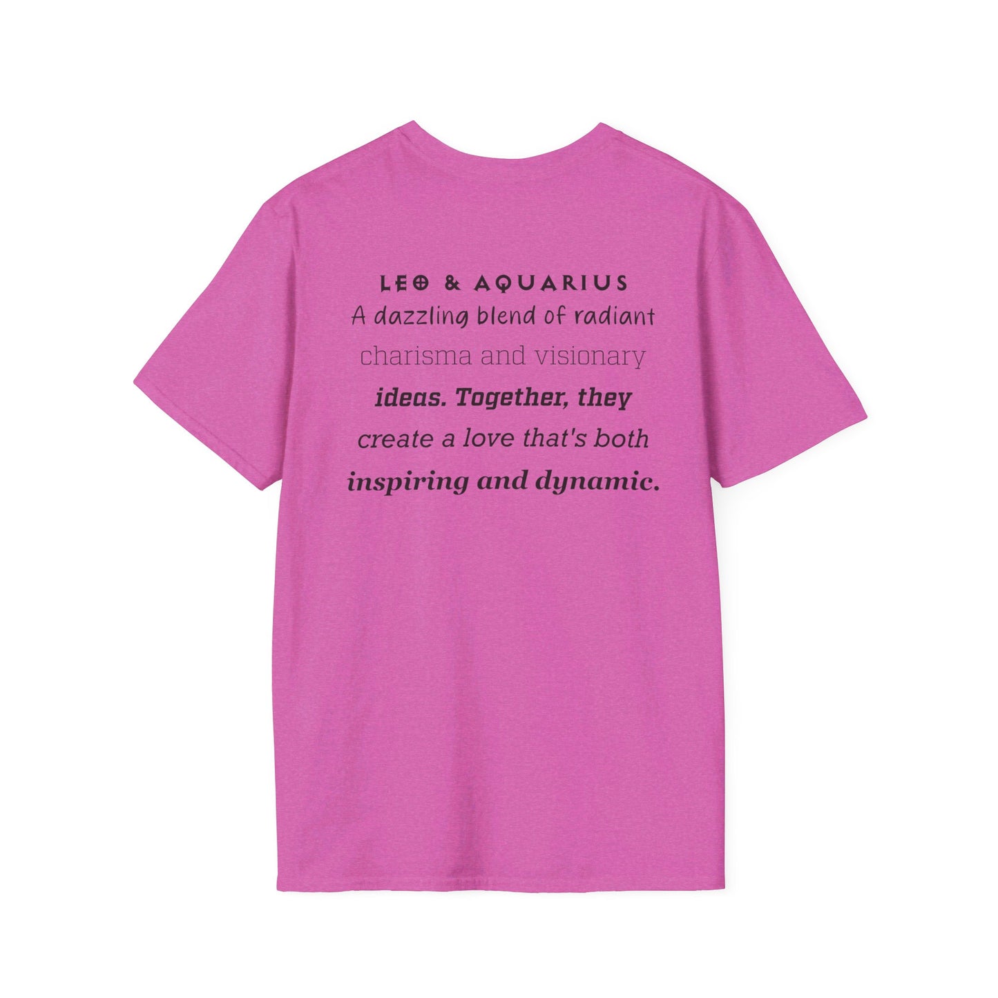Astrology Zodiac Unisex Softstyle T-Shirt with Leo and Aquarius Symbols and Love Description