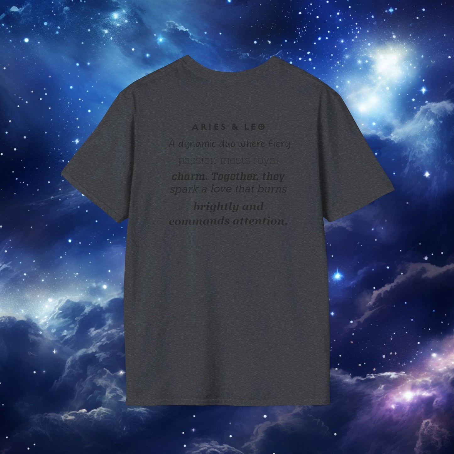 Astrology Zodiac Unisex Softstyle T-Shirt with Aries and Leo Symbols and Love Description