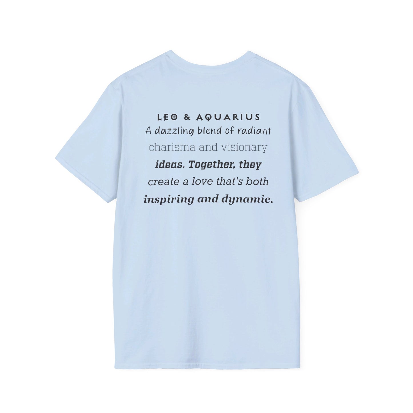 Astrology Zodiac Unisex Softstyle T-Shirt with Leo and Aquarius Symbols and Love Description