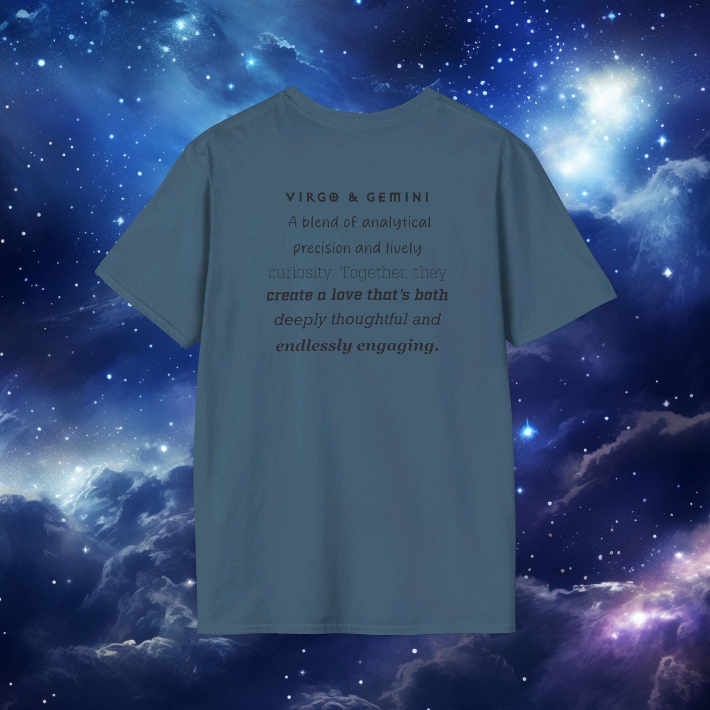 Astrology Zodiac Unisex Softstyle T-Shirt with Virgo and Gemini Symbols and Love Description