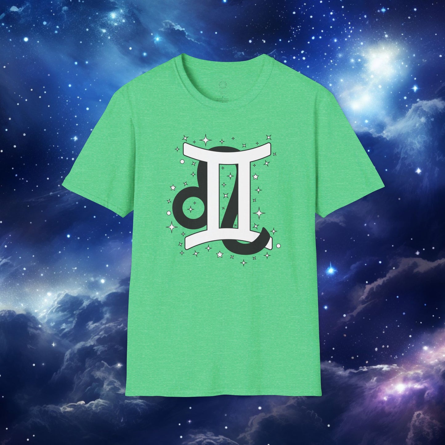 Astrology Zodiac Unisex Softstyle T-Shirt with Leo and Gemini Symbols and Love Description