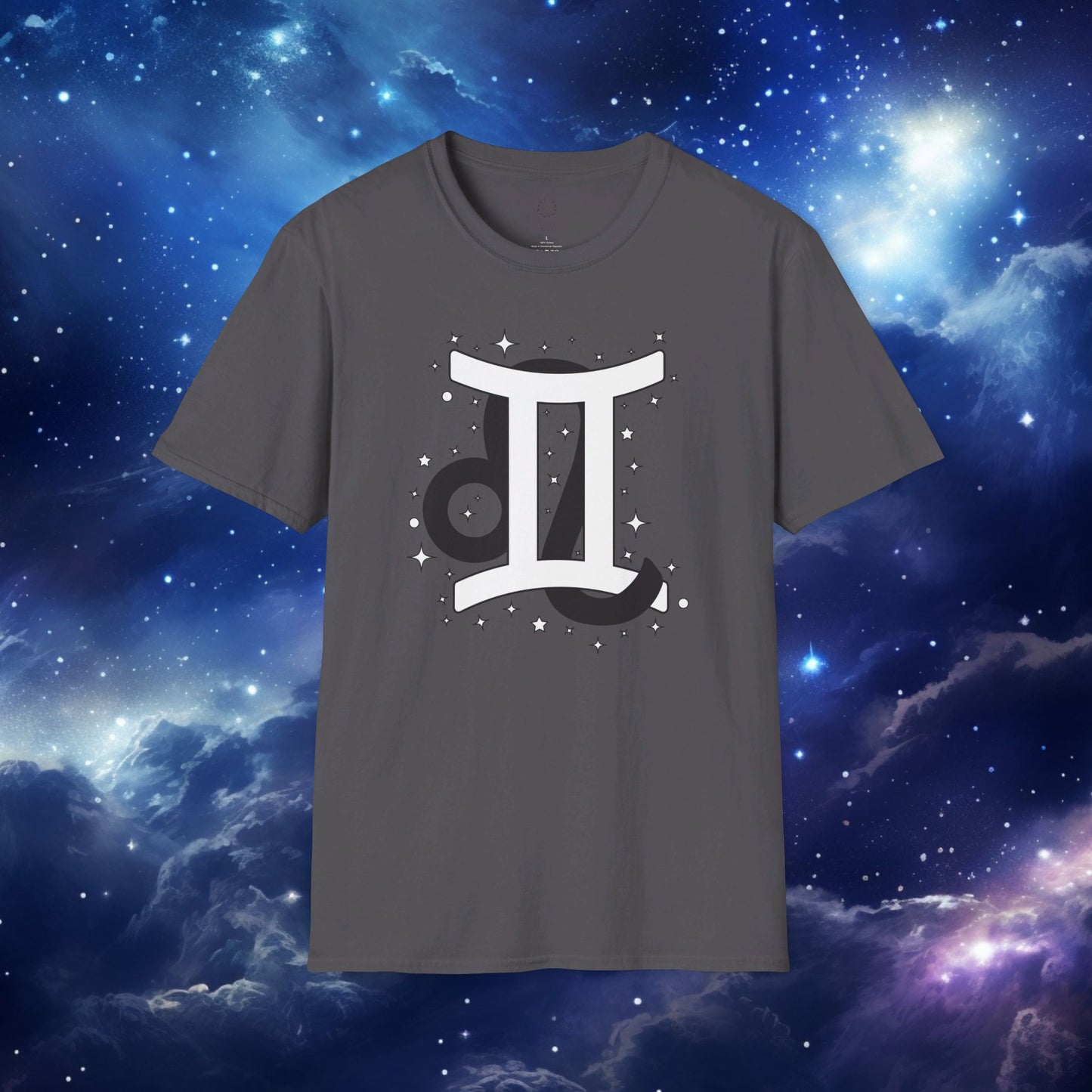 Astrology Zodiac Unisex Softstyle T-Shirt with Leo and Gemini Symbols and Love Description