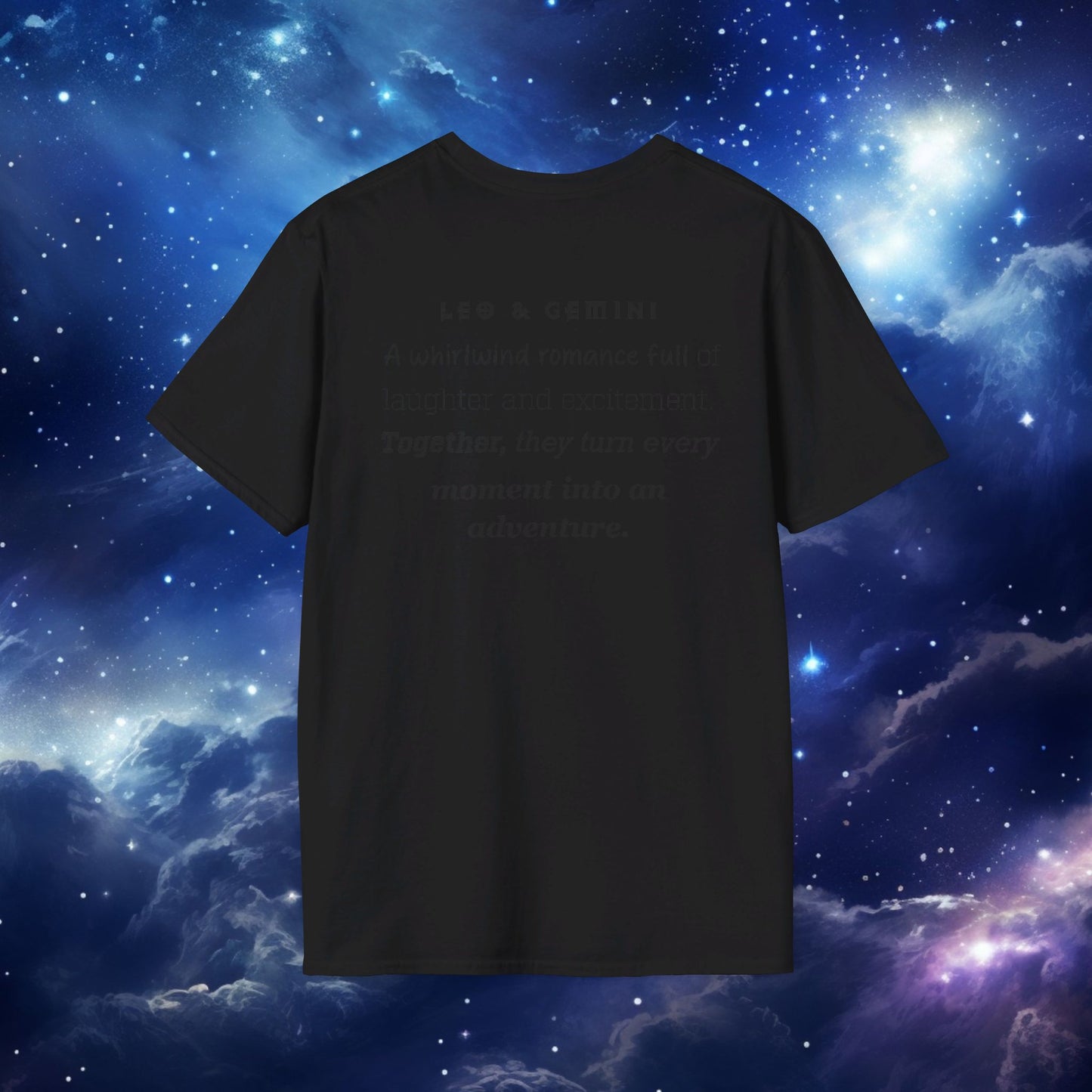 Astrology Zodiac Unisex Softstyle T-Shirt with Leo and Gemini Symbols and Love Description