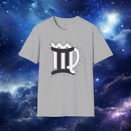 Astrology Zodiac Unisex Softstyle T-Shirt with Gemini and Virgo Symbols and Love Description