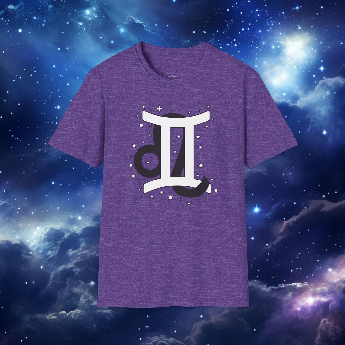 Astrology Zodiac Unisex Softstyle T-Shirt with Leo and Gemini Symbols and Love Description