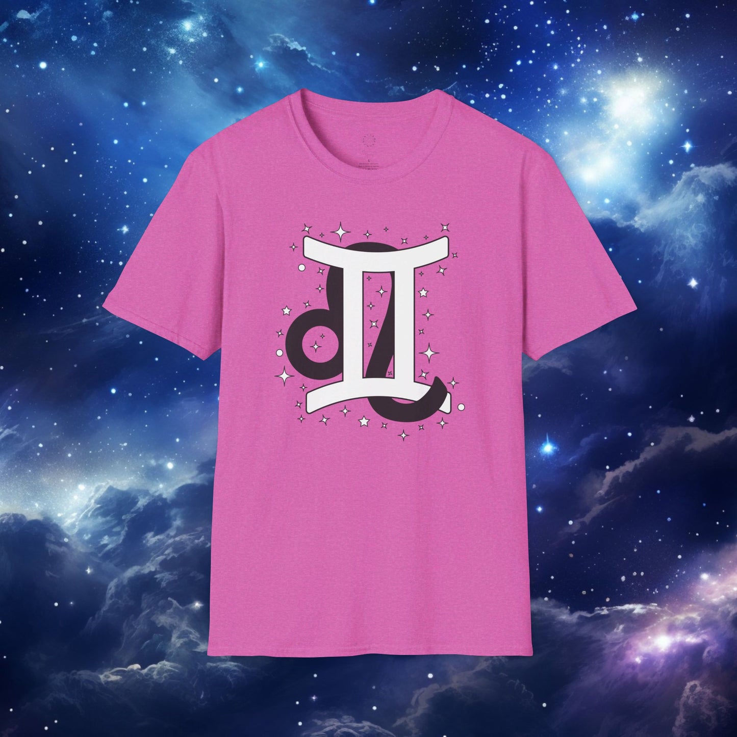 Astrology Zodiac Unisex Softstyle T-Shirt with Leo and Gemini Symbols and Love Description