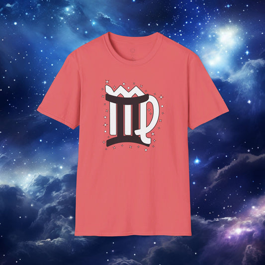 Astrology Zodiac Unisex Softstyle T-Shirt with Gemini and Virgo Symbols and Love Description