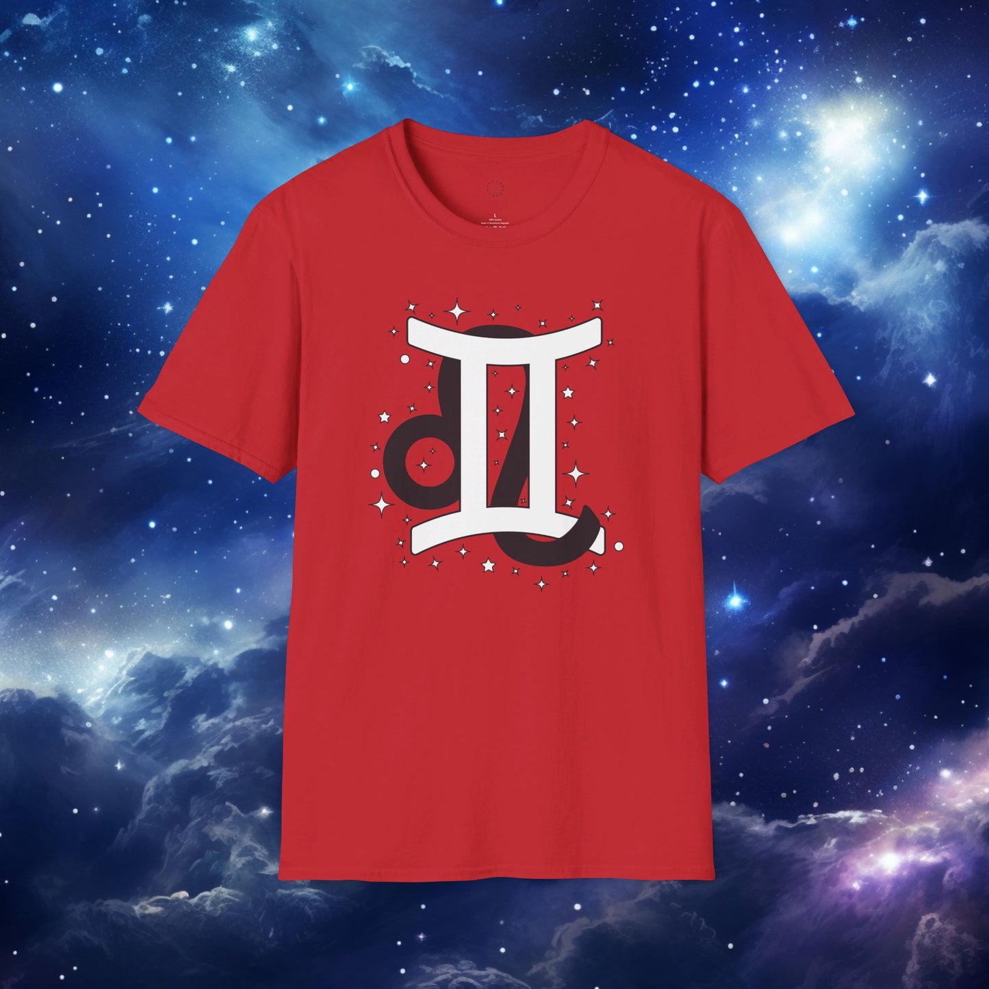 Astrology Zodiac Unisex Softstyle T-Shirt with Leo and Gemini Symbols and Love Description