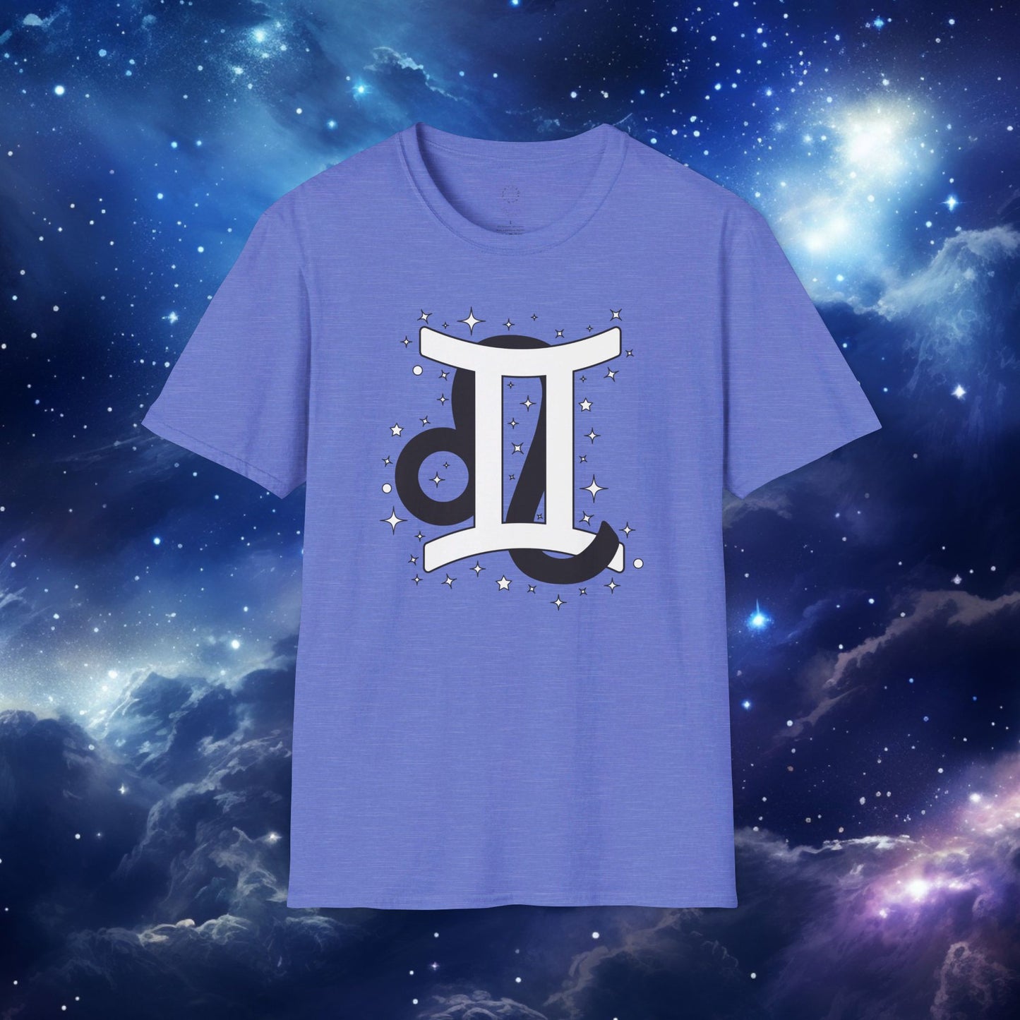 Astrology Zodiac Unisex Softstyle T-Shirt with Leo and Gemini Symbols and Love Description