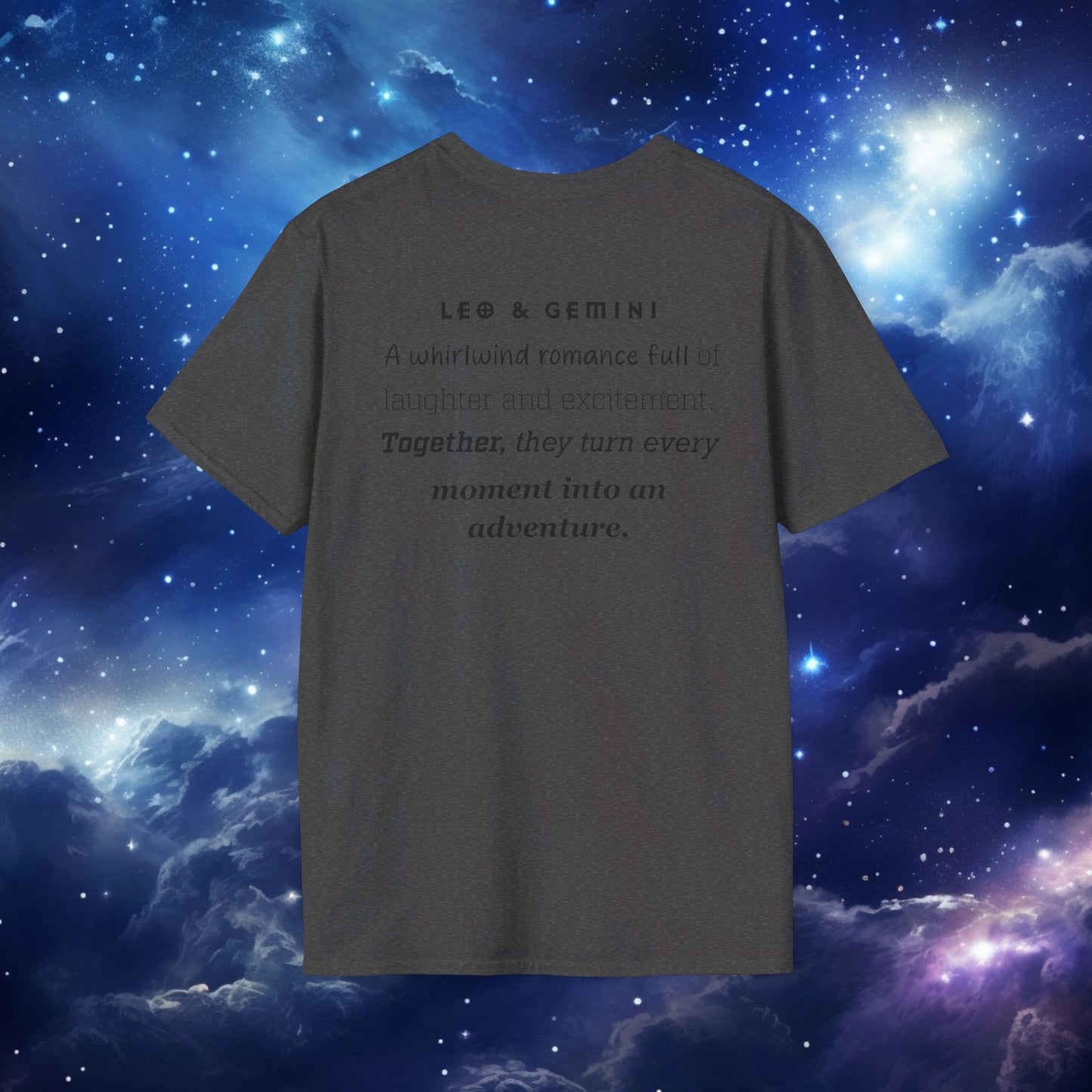 Astrology Zodiac Unisex Softstyle T-Shirt with Leo and Gemini Symbols and Love Description