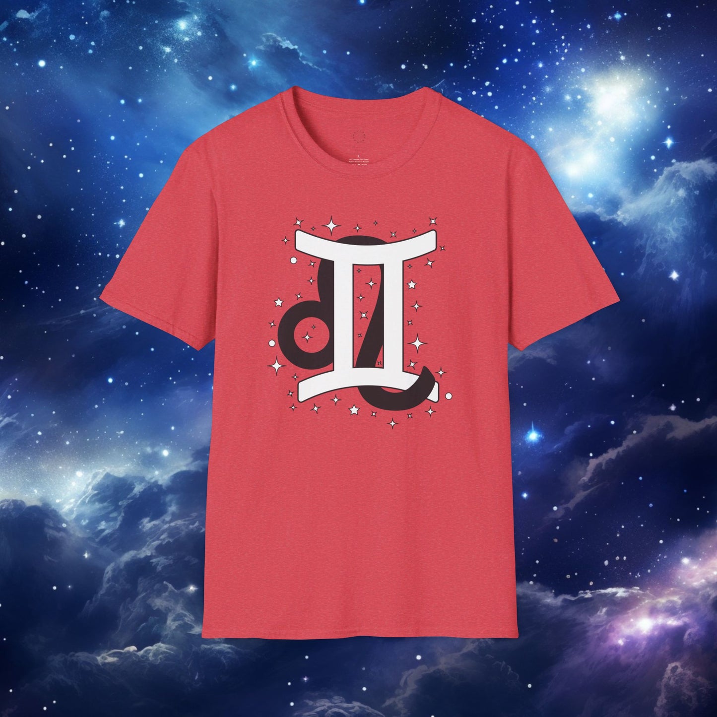 Astrology Zodiac Unisex Softstyle T-Shirt with Leo and Gemini Symbols and Love Description