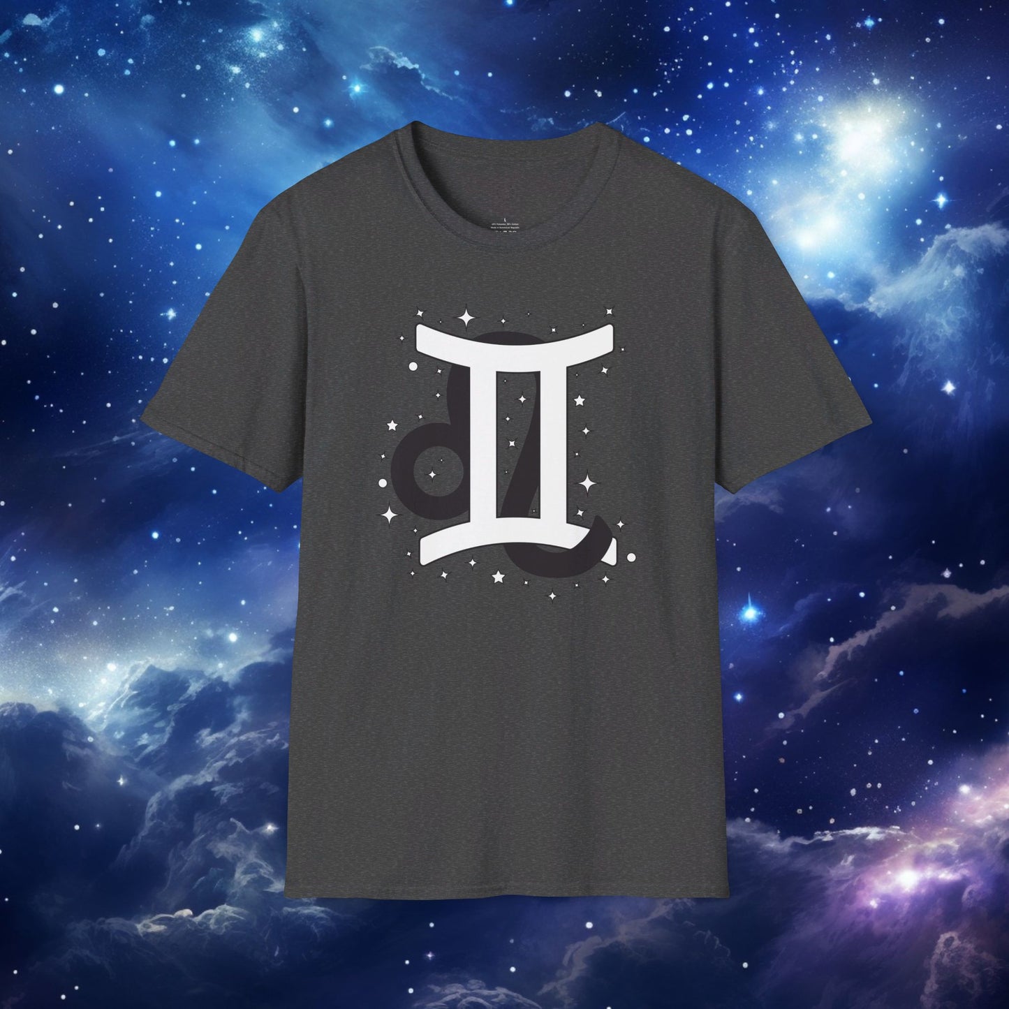 Astrology Zodiac Unisex Softstyle T-Shirt with Leo and Gemini Symbols and Love Description